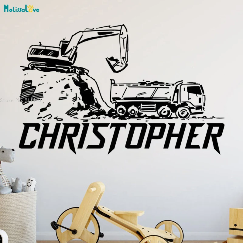 Construction Vehicle Vinyl Wall Stickers Home Kids Boys Room Decor Worksite Dump Excavator Personalized Decals YT6093