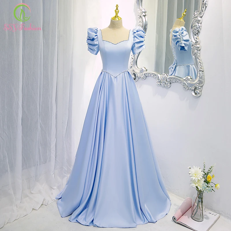 

Custom Made Light Blue Satin Evening Dress for Women Princess Puff Sleeve A-line Pearls Beading Prom Party Formal Gowns Vestidos