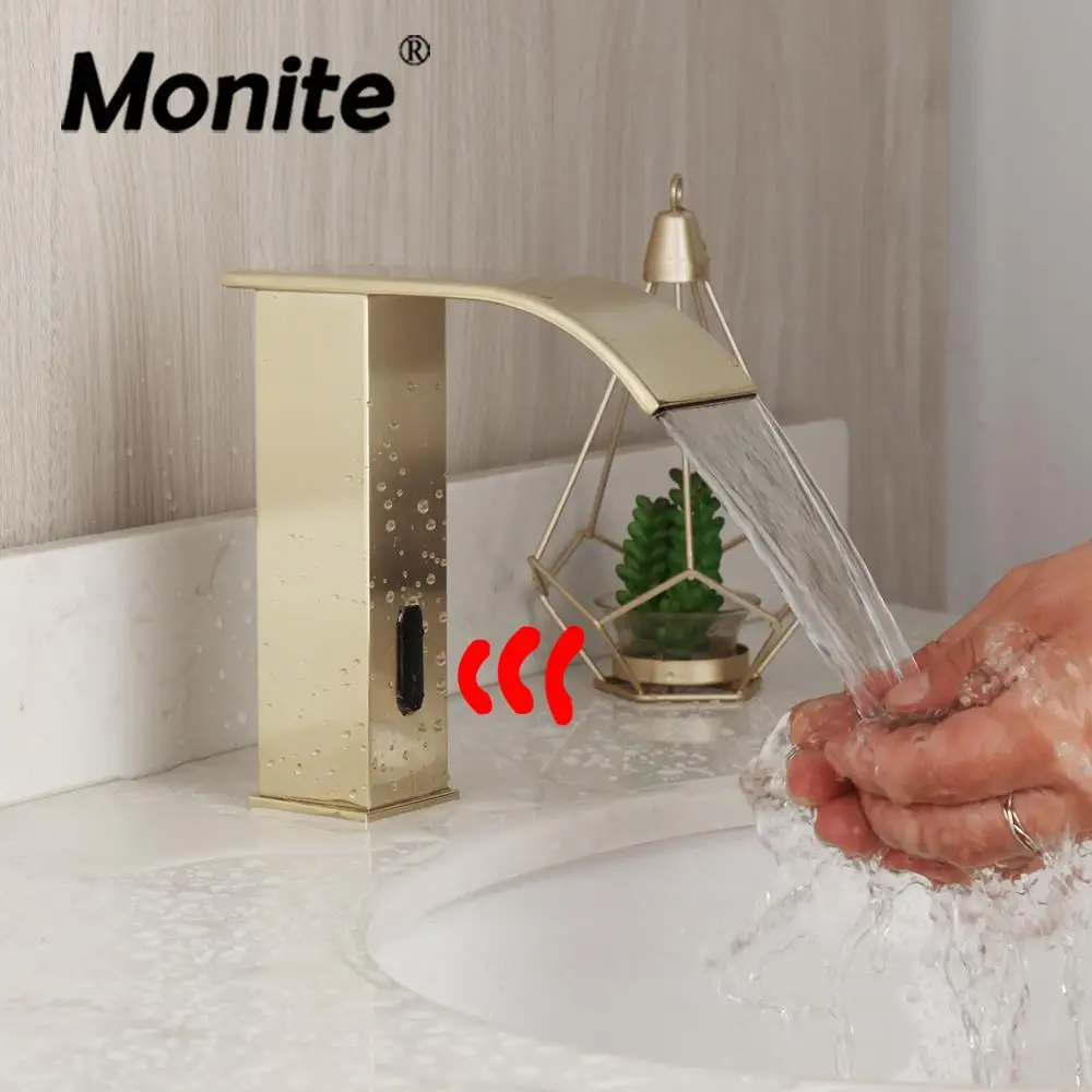 

Monite Brushed Golden Bathroom Automatic Hands Touch Free Sensor Faucets Hot & Cold Basin Sink Mixer Tap Faucets Mixers & Taps