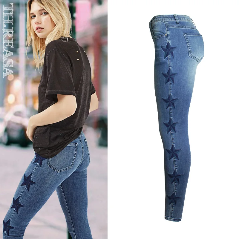 

Popular Embroidered Star Pattern Women's Jeans Slim Elastic Pencil Pants