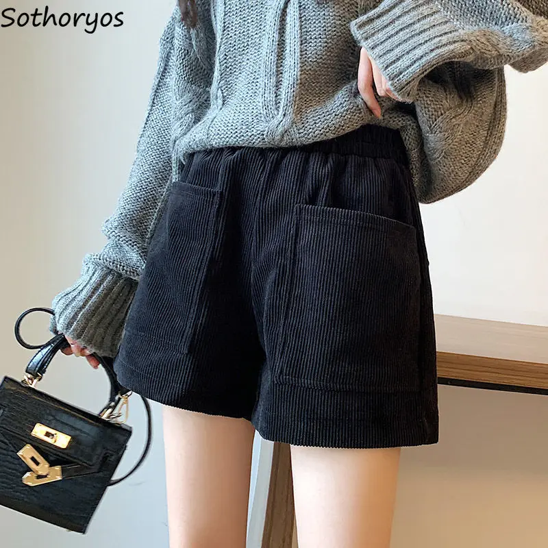 Women Elastic High Waist Loose Corduroy Shorts Black Casual Outwear  Female Wide-leg Bottoms Pockets All-match Ulzzang Ins