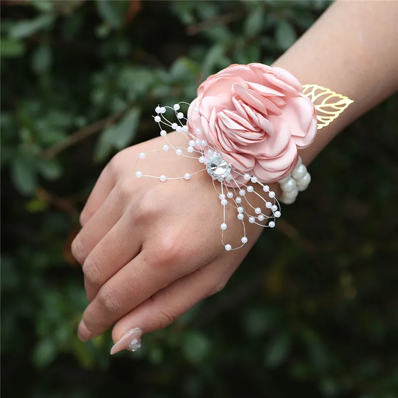 Flor de pulso de casamento rosa fita de seda noiva corsage mão decorativa pulseira de dama de honra cortina banda clipe bouquet