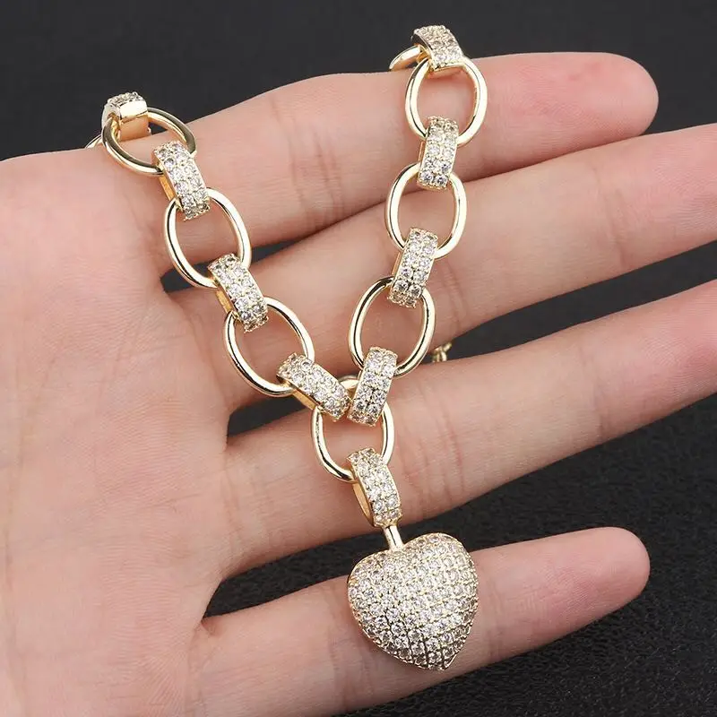 

HIBRIDE Luxury Full Cubic Zirconia Heart shape Pendant Necklace for Women Gold Color Chain Necklace Fine Jewelry bijoux femmeP23