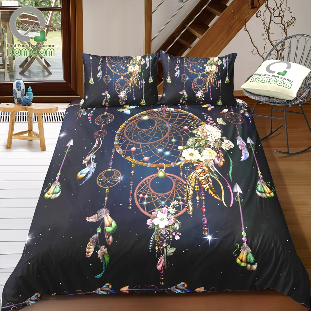 BOMCOM Digital Printing Bedding Set Dream Catcher Ethnic Colored Components Arrows Feathers Beads Duvet Cover 100% Microfiber