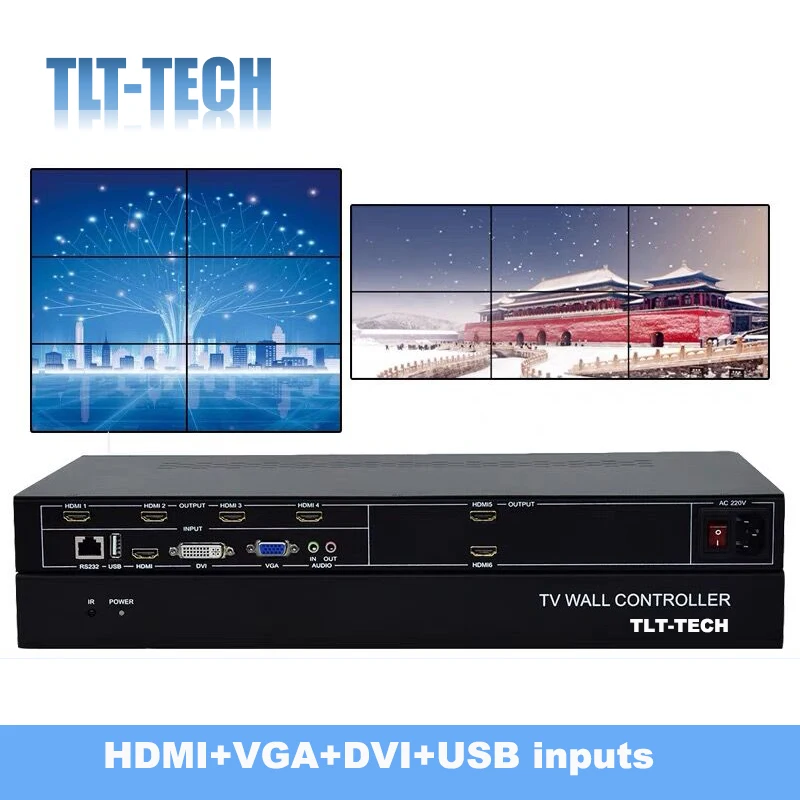 2X3 3x2 TV Wall Controller HDMI+VGA+DVI+USB inputs With Zoom Cutting Function 1080P Cascade Flying Caption Video Wall