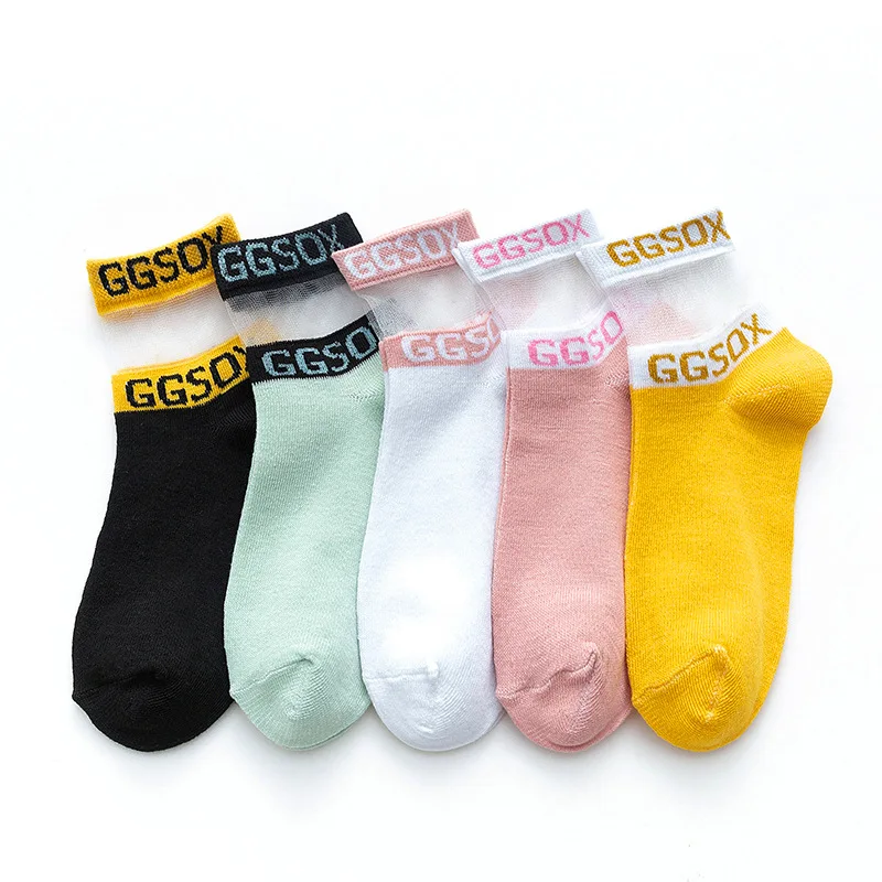 Pink Letter Socks for summer Ultra-thin Transparent Cass Glass fiber Silk Socks Fashion daisy Ankle Short Lace invisible Women