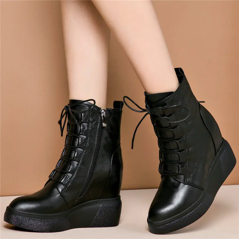 Platform Pumps Shoes Women Lace Up Genuine Leather Wedges High Heel Ankle Boots Female High Top Pointed Toe Fashion Sneakers