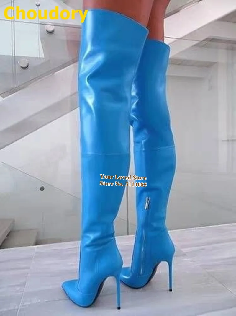 Choudory – bottes longues à fermeture éclair pour femme, au-dessus du genou, talons fins, bout pointu, cuissardes, Sexy, violet, bleu