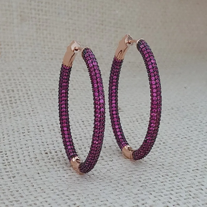 Ruby Hoop Earrings 925 Silver Huge Pink Luxury Earrings Pinky Earrings for Women серьги женские