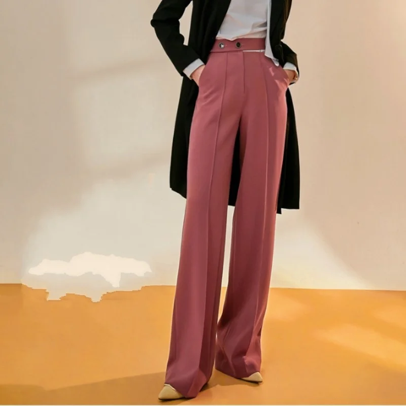 Casual Elegant Wide Leg Pants Women Spring Autumn New Design High Waist Hollow Out Three Buttons Ladies Solid Straight Trousers