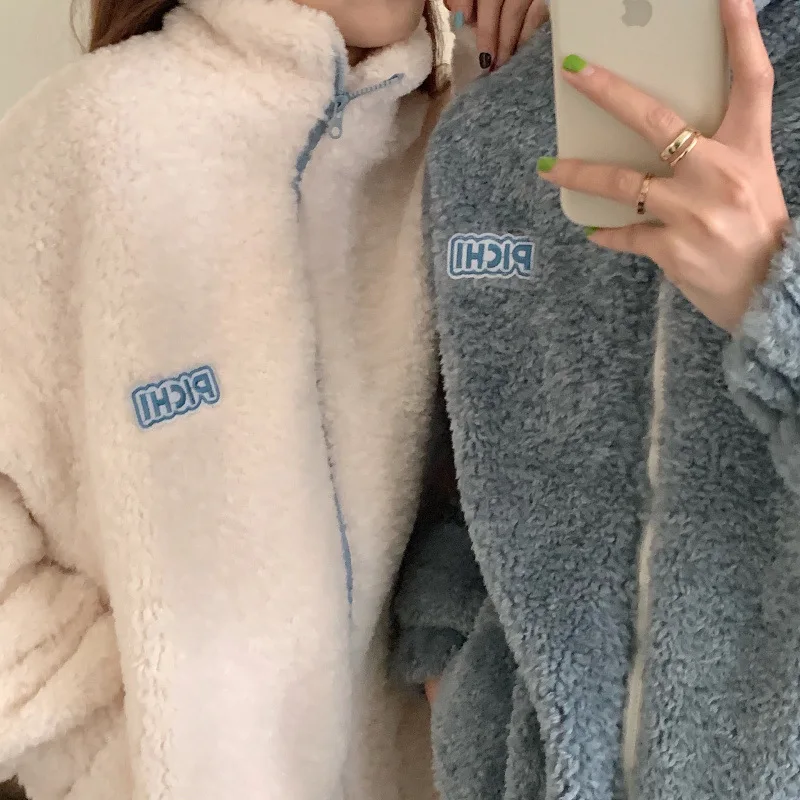 Women Hoodies Plus Velvet Zip-up Letter Long Sleeve Lambswool Oversize Soft Fashion Casual Korean Style Warm Fluffy Teddy Tops