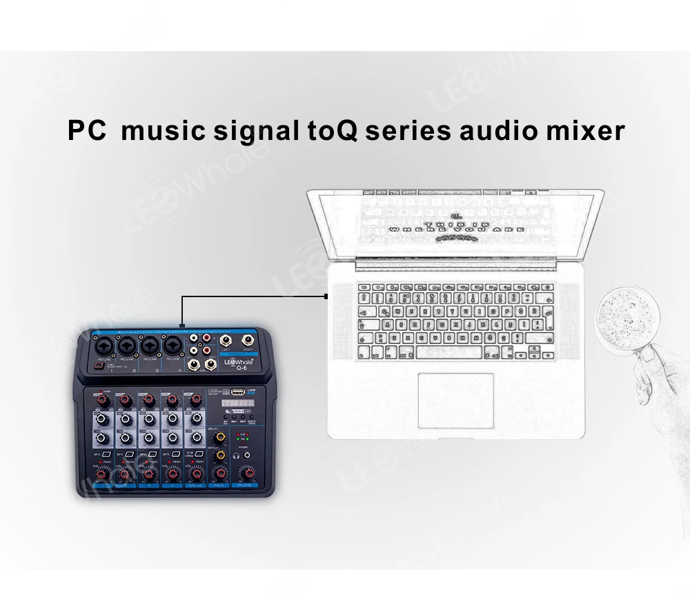 LEOwhale-Mezclador de sonido para DJ, consola de mezcla de Audio con Bluetooth, USB, Monitor de oído Phantom de 48V para grabación de guitarra en PC