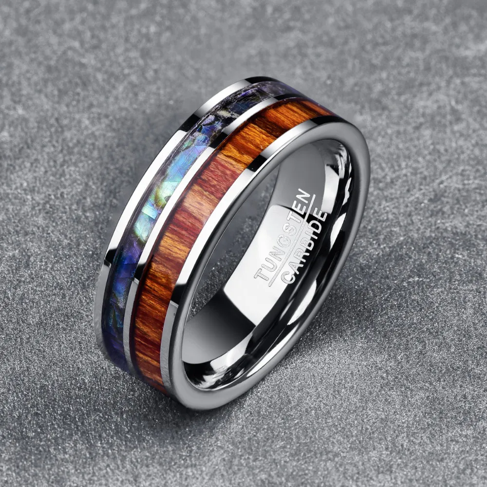 BONLAVIE 8mm Width Polished Wood Grain And Shell Men Rings Jewelry 100% Tungsten Steel Ring Man's Valentine's Day Gift Jewelry