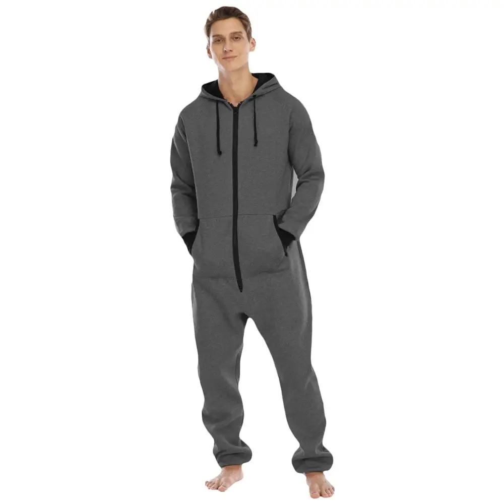 Solid Color Sleepwear Kigurumi Hooded Pajama Sets For Adult Men Pajamas Autumn Winter Warm Pyjamas Overall Suits