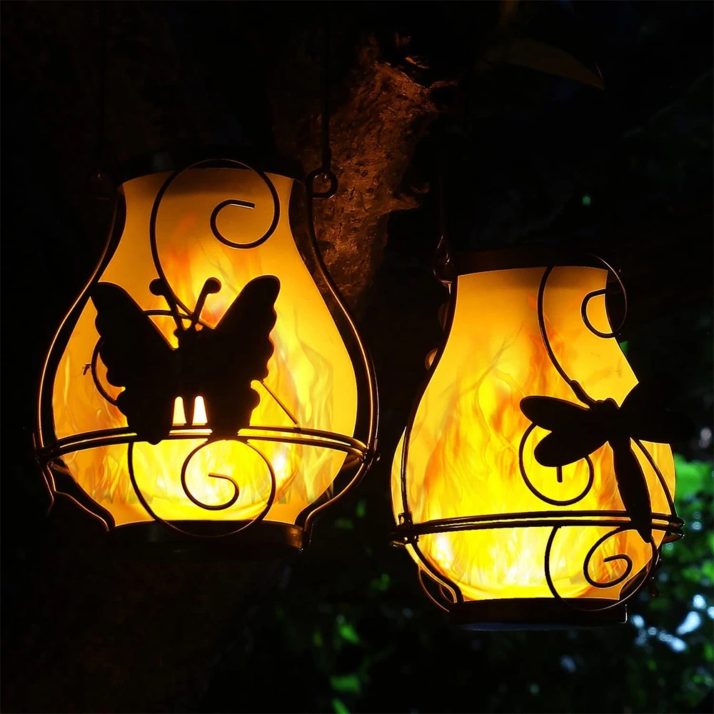 2 Pack Outdoor Hanging Portable Flickering Flame Fire Metal Solar LED Garden Lantern Lamp Light Waterproof