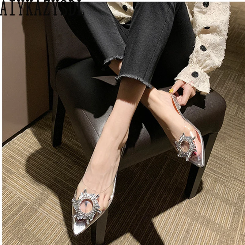 AIYKAZYSDL Women Flat Heel Clear Transparent  Perspex Shoes Pointed Toe Rhinestone Flats Cuban Heels Sandals Slingback Plus Size