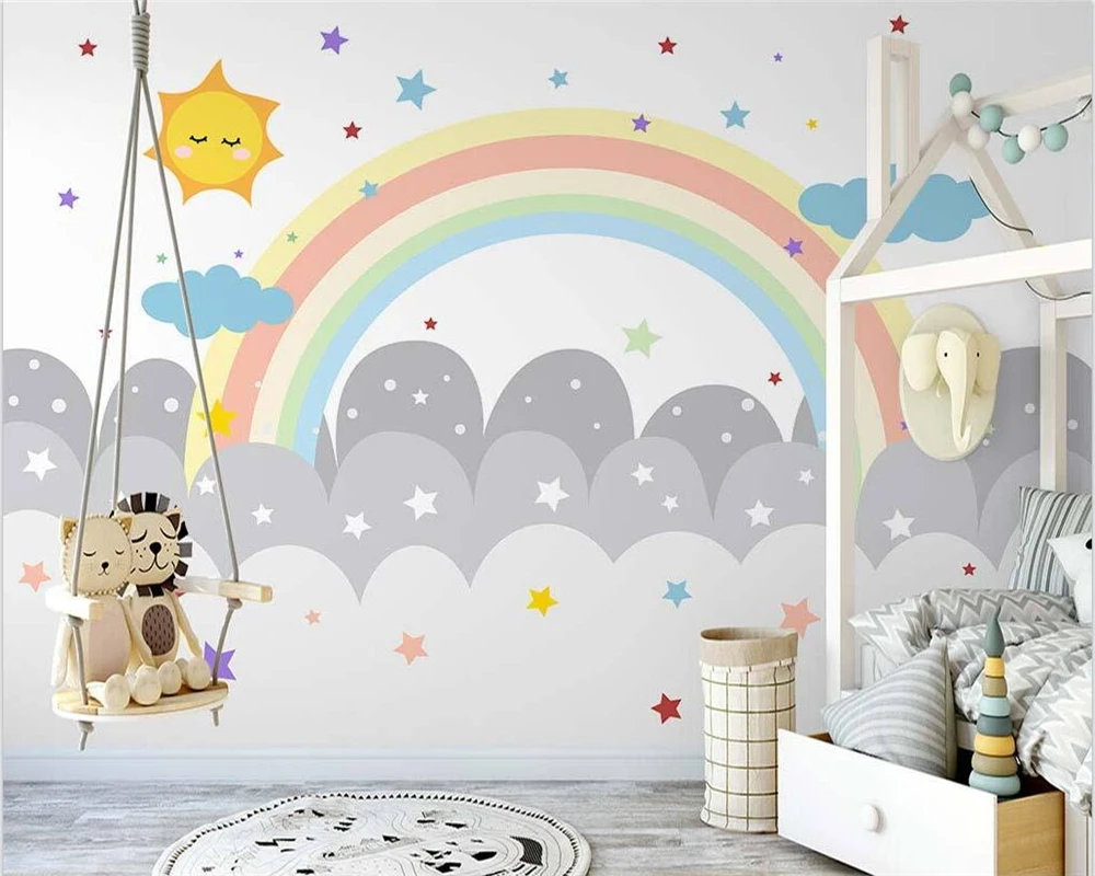 beibehang Customize new Nordic hand-painted simple clouds rainbow starry children's room background wallpaper papier peint