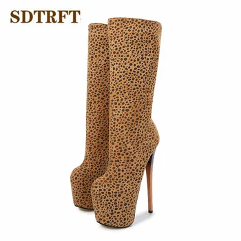 SDTRFT 폴 댄싱 스틸레토 레오파드 무릎 높이 부츠 플랫폼 여성용 펌프스 슈즈, 20cm 얇은 힐, 플러스: 34-46 47 48 49 50