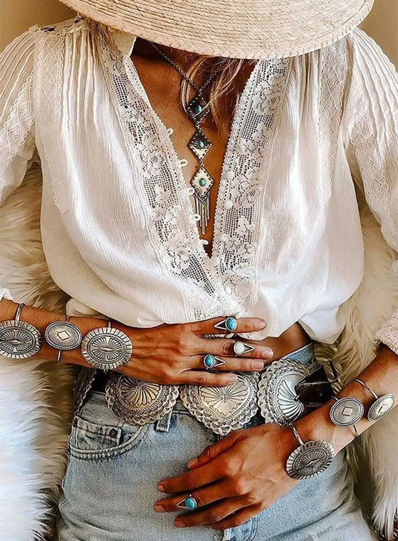 Super Chic white lace corchet blouse women long sleeve floral embroidery blouse shirt elegant sexy boho blouse women sexy tops