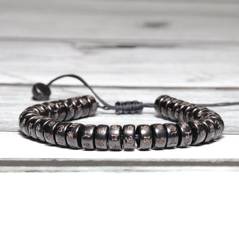 سوار الخشب الطبيعي أوم قابل للتعديل اليوغا التأمل الصلاة مجوهرات اكسسوارات بوذا الرونية مضفر براكليت هدية له