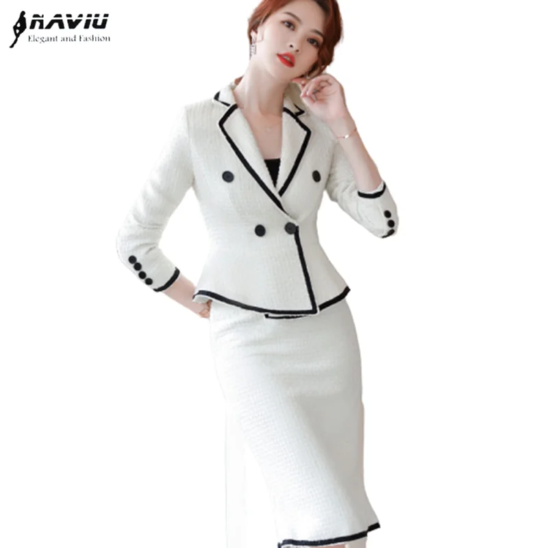 Naviu High-End Formal Suit Women New Fashion Slim Business Long Sleeve Woollen Blazer and Skirt Office Ladies Work Wear