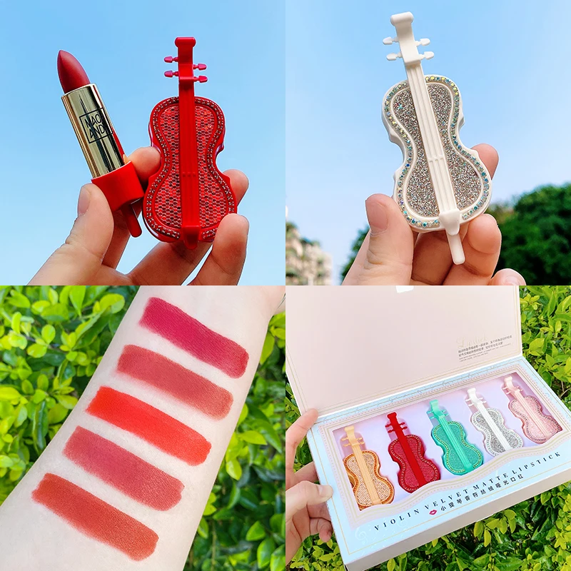 Violin Musical Note Velvet Matte Lipstick 5pcs Lip Makeup Set Smooth Pigmented Rich Color Waterproof Long-wearing Lipstick