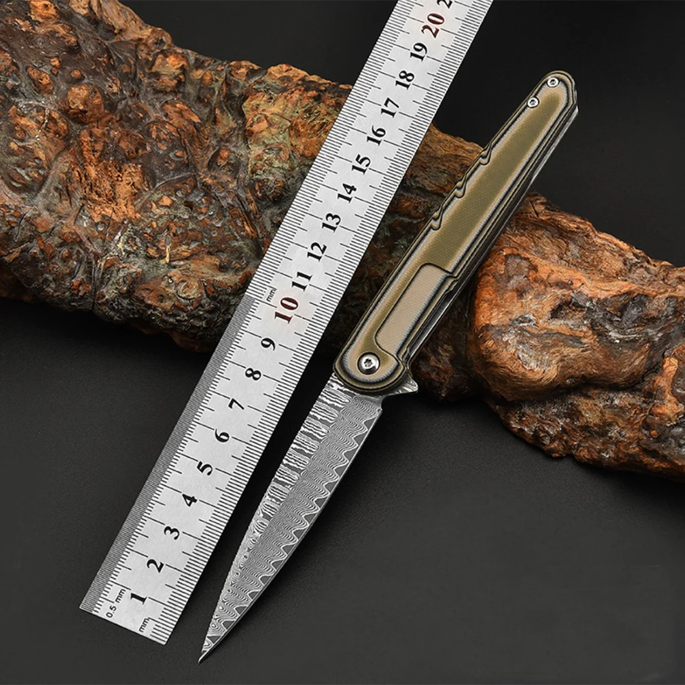 

Folding knife Free shipping sharp Vg10 Damascus steel imports blacksmithing camping tool G10 handle outdoor self-defense knife