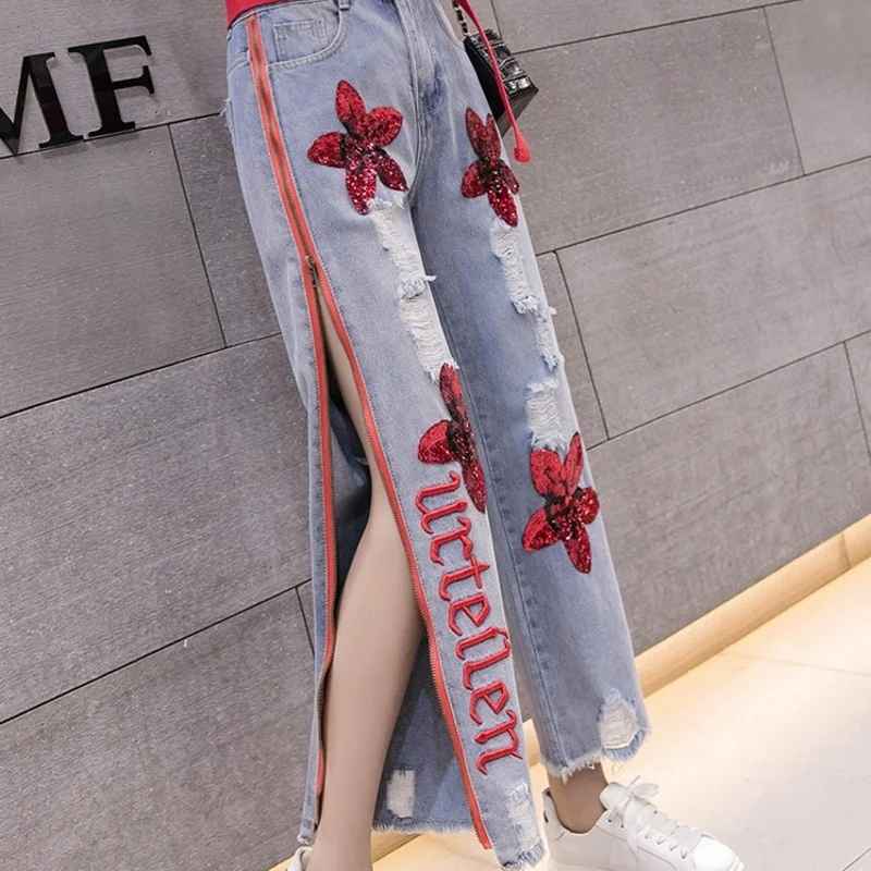 Brand New Embroidery Sequins Hole Ripped Womens Denim Pants Ankle Length High Waist Size Zipper Loose Wide Leg Boyfriend Jeans