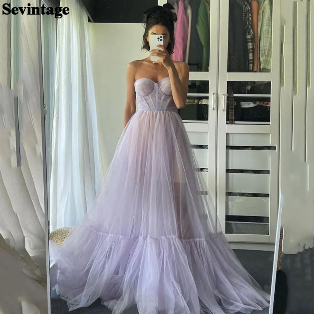 

Sevintage Lilac A Line Tulle Prom Dresses Sweetheart Tiered Long Evening Gowns with Bones Plus Size Formal Women Party Dress