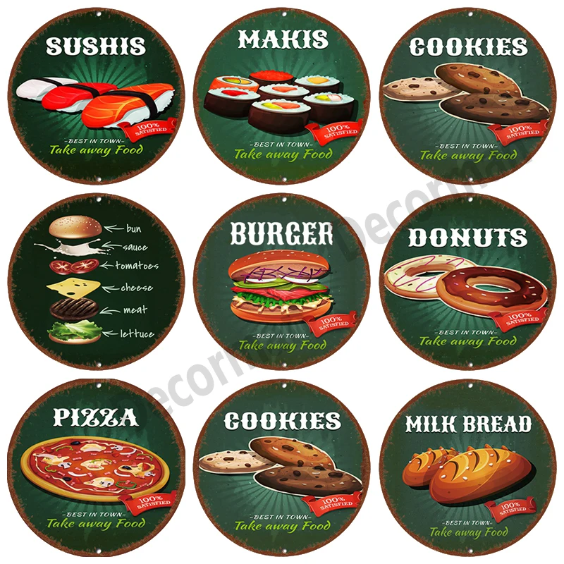 

[ Decorman ] SUSHI DONUTS BREAD Tin Sign Vintage Fast Food Round Painting Gift art Bar Decoration LTA-1777 30 CM