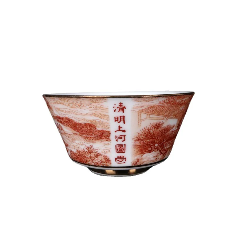 

Chinese Exquisite Blue and White Porcelain Painting Horseshoe Cup River On The Qingming Festival Crafts Decorations Gift