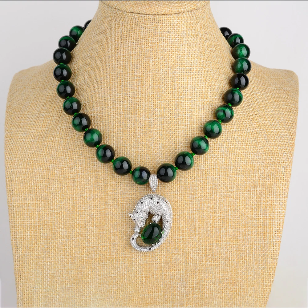 

Women's 18" Round Green Tigers Eye Necklace CZ Pendant