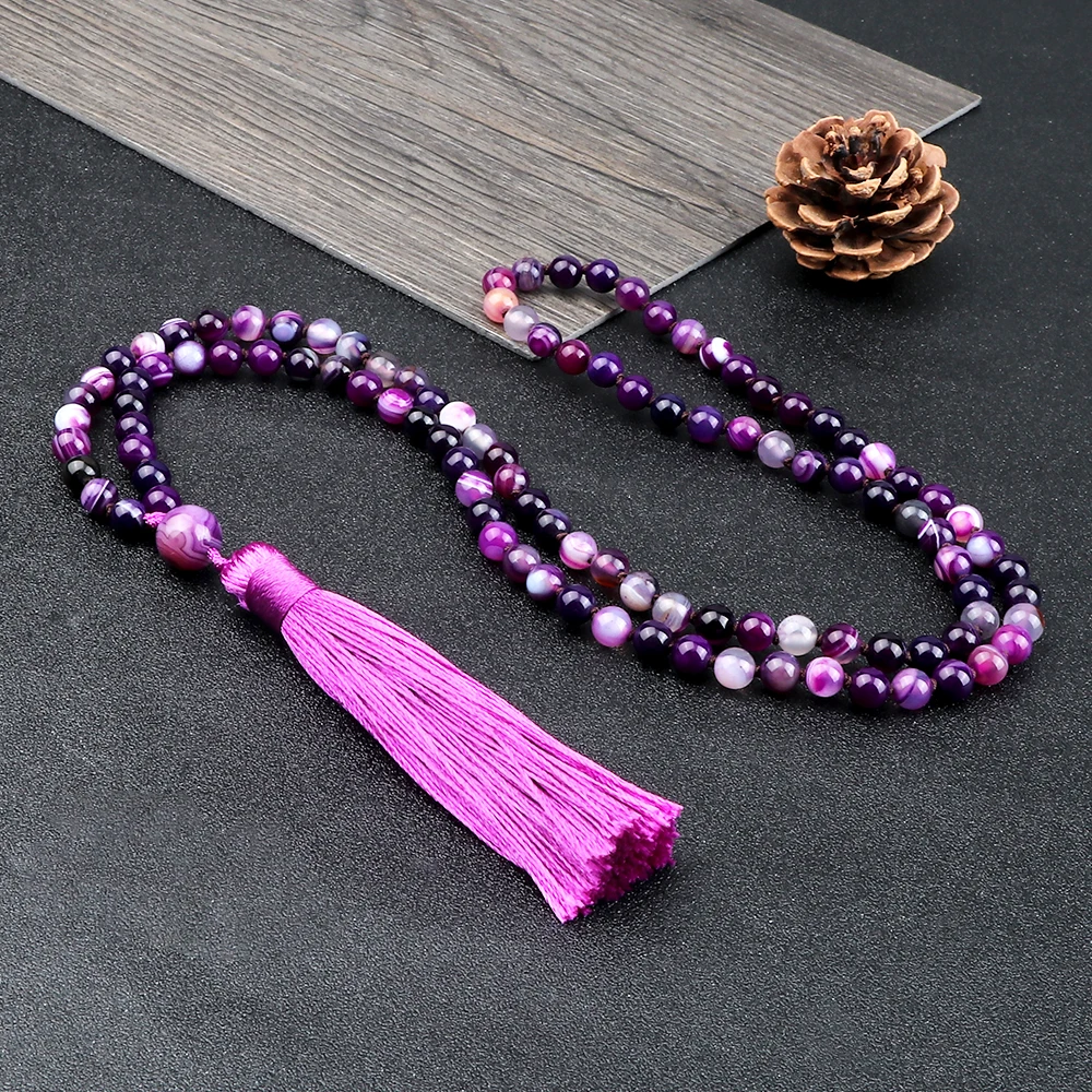 108 Beads Prayer Necklace Natural Green Stripe Onyx Stone Buddhist Buddha Meditation Bead Mala Necklace Women Men Jewelry Gifts