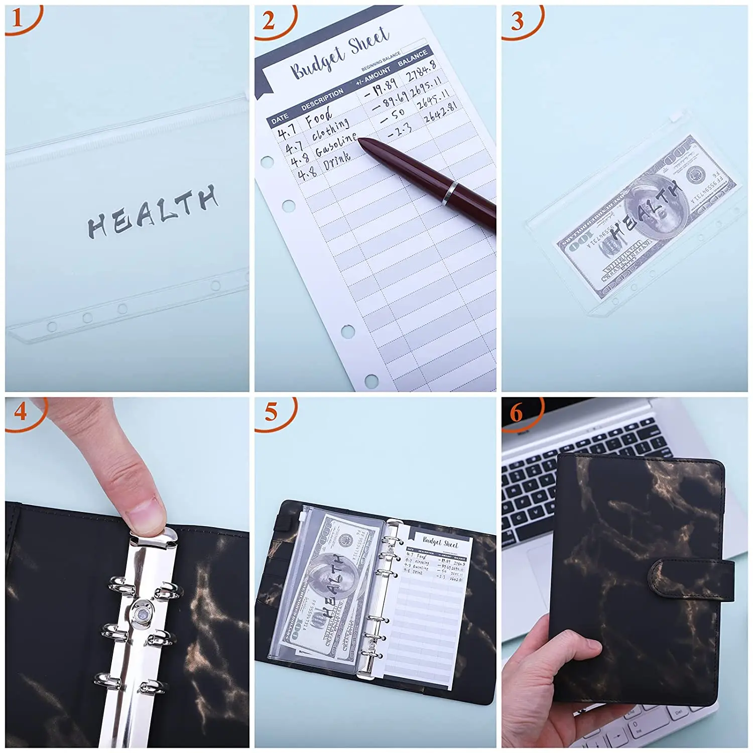 New A6 PU Leather Cash Money Budget Binder with 8PCS A6 Binder Pockets, 12PCS Expense Budget Sheets, 6PCS Letter Sticker Labels