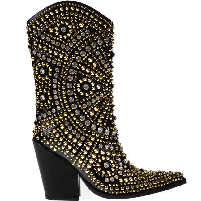 Roman Style Ladies Bling Bling Crystal Rivets Studs Boots Pointed Toe Chunky Heel Metal Studded Middle Runway Boots Shoes