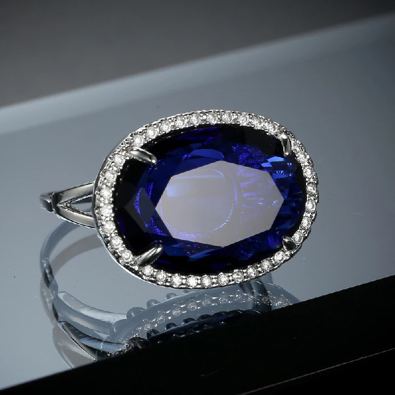 Retro Women Ring 925 Silver Jewelry Oval Sapphire Zircon Gemstone Open Finger Rings Accessories for Wedding Engagement Party