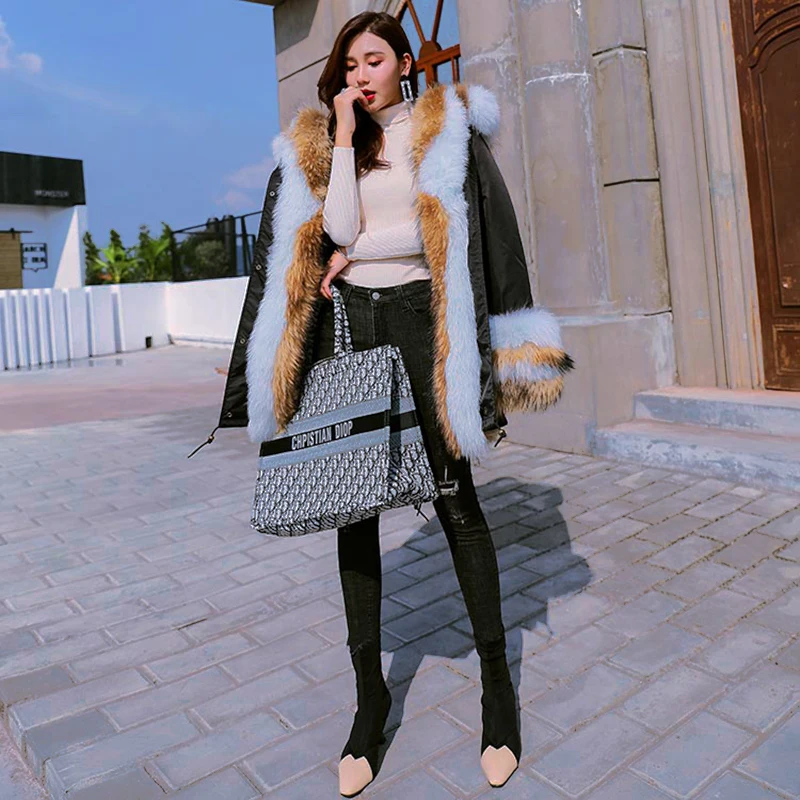 Pai overcome the new winter coat jacket real fox fur collar hooded fur liner mid-length coat loose casual wear thickening