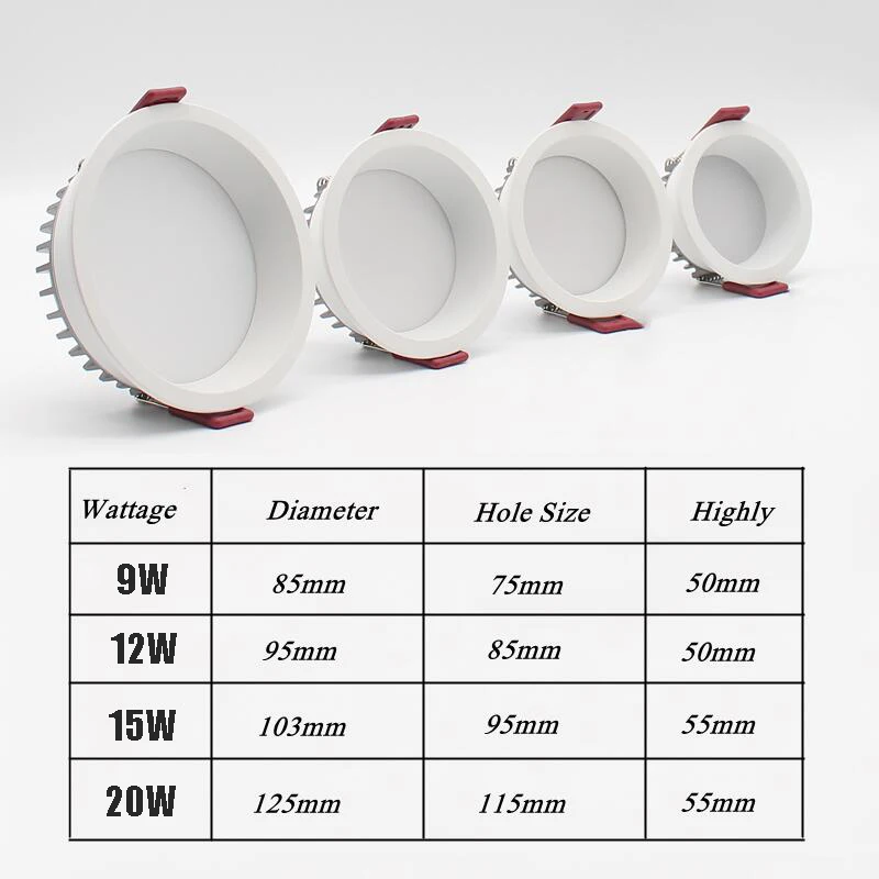 Dimmable Recessed Anti Glare LED Downlights 9W/12W/15W/20W LED Ceiling Spot Lights AC85~265V Background Lamps Indoor Lighting