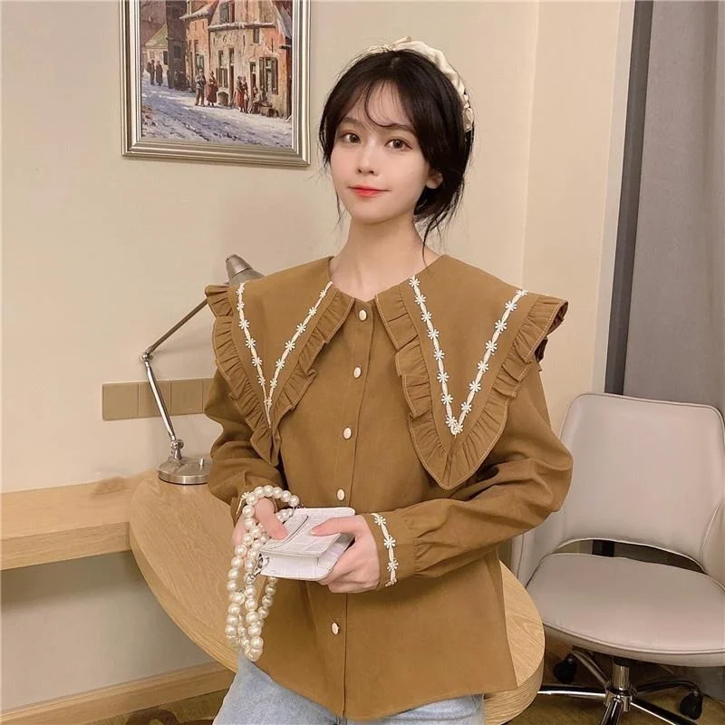 Peter Pan Collar Shirts Women Sweet Design Ruffles High Street Princess Korean Style White Button-up Long Sleeve Blouses Girls