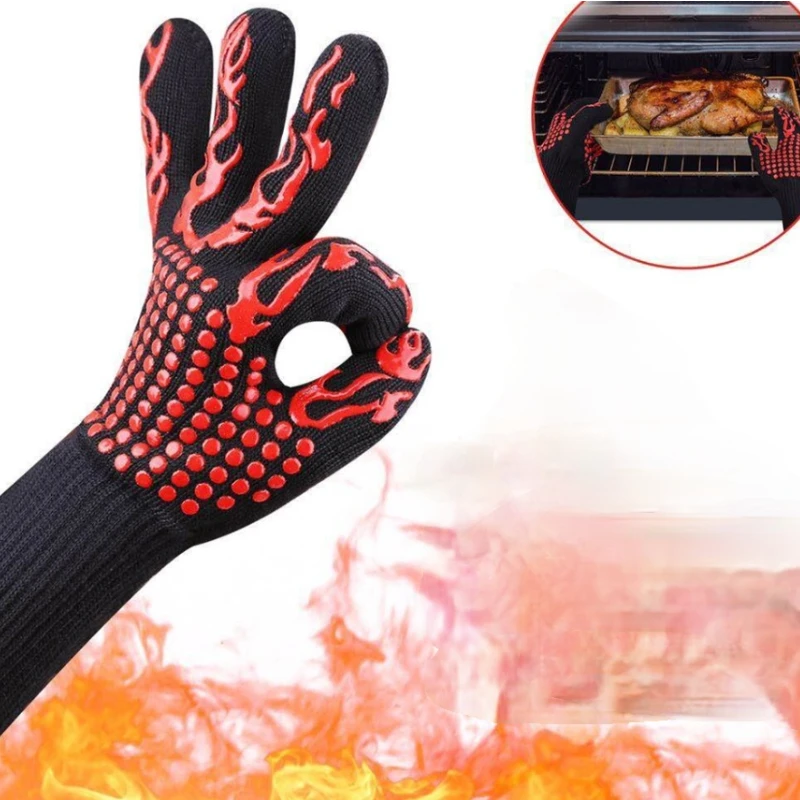 A Pair BBQ Gloves High Temperature Resistance Oven Mitts 500 800 Degrees Fireproof Barbecue Heat Insulation Microwave Gloves