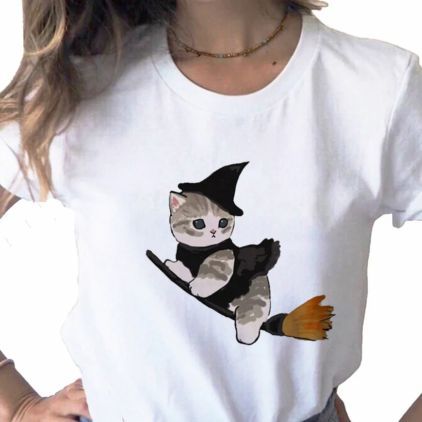 Lovely Summer Kawaii Cat Graphic print ladies T-shirt casual basis O-collar white shirt short sleeve ladies T-shirt,Drop Ship