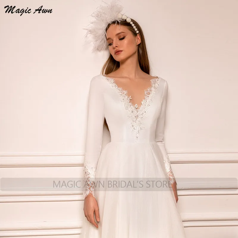 Magic Awn-Vestidos de novia de manga larga, Apliques de encaje con ilusión, cuello en V, marfil, elegante, corte en A, sin espalda