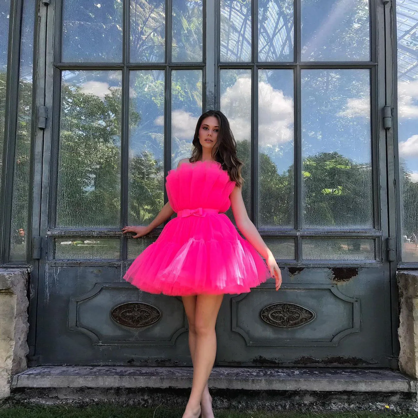 

Classic Simple Cute Women Dress Strapless Tulle Mini Dresses Tulle Ribbon Trim Bows Casual Dress Sundress Custom Made