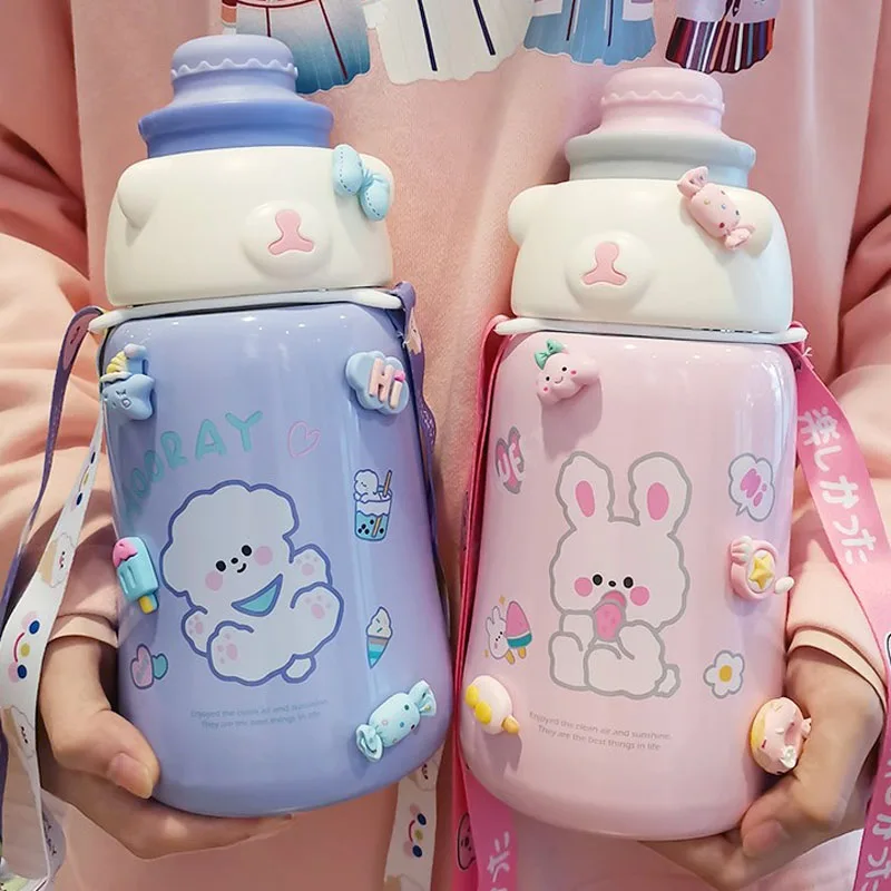 

Kawaii Jumbo Thermos Bottle With Straw Flask Cute Sticker Stainless Tumbler Water Cup Children School Large Insulated Bottles