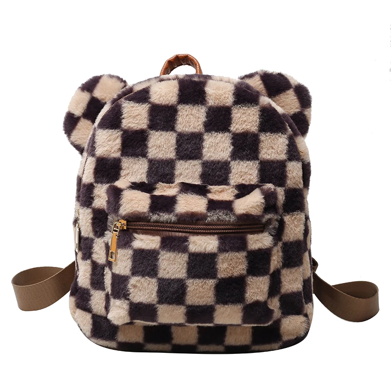 Kawaii Plaid Furry Bagpack Checkered Mini Fluffy Backpack For Women 2021 Bear Ears Plush Backpack Chessboard Fur Shoulders Bag