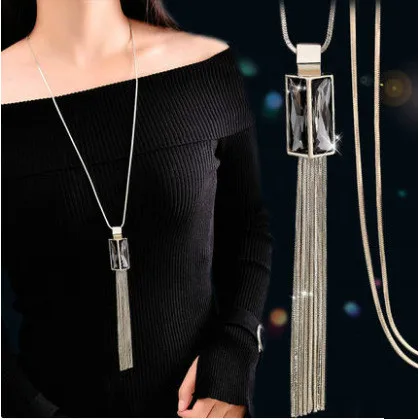 BYSPT Vintage Geometrical Crystal Pendant Necklace Elegant  Tassel Sweater Chain OL Long Necklace Jewelry Female Accessories