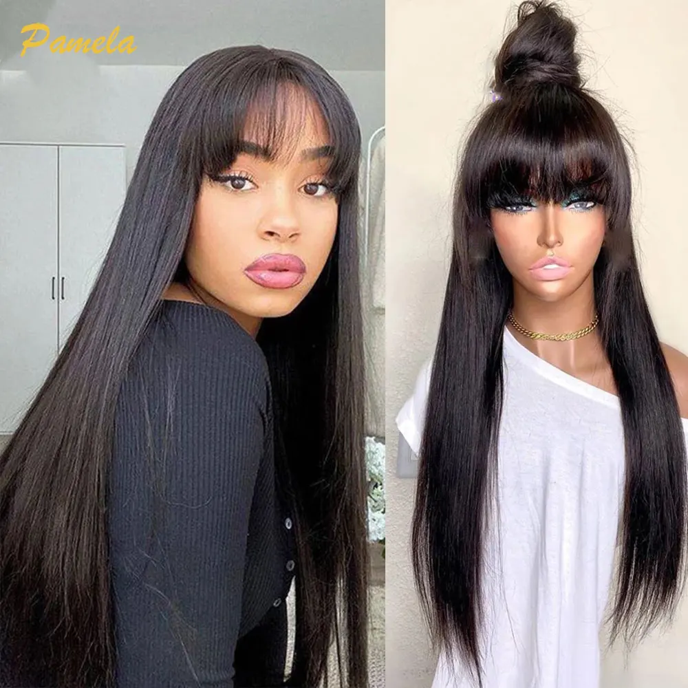 Straight Human Hair Wigs With Bangs 30 Inch Bone Straight Human Hair Wig Full Machine Hair Wigs For Black Women Glueless Wig