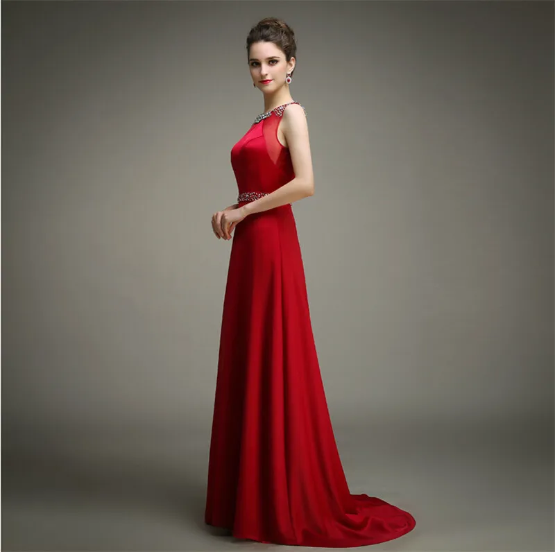 

Elegant Red Long Crystal Beaded A Line Chiffon Formal party Prom gown Vestido De Festa Vestidos Longo 2025 bridesmaid dresses