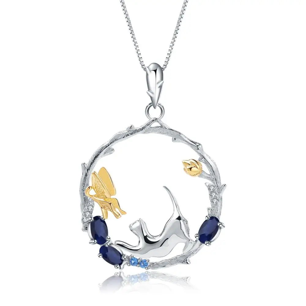 

GEM'S BALLET 0.84Ct Natural Blue Sapphire 925 Sterling Silver Handmade Cat & Butterfly Pendant Necklace Fine Jewelry for Women