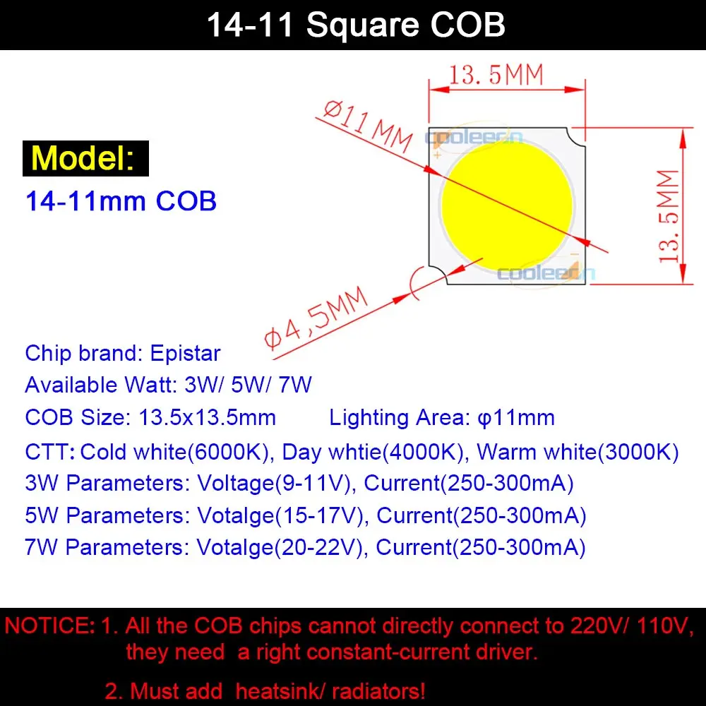 14mm Square Chip On Board COB LED Light Bulb for Spotlights Ceiling Lamp Downlight 3W 5W 7W LED 11mm Round  Lighting Area Beads